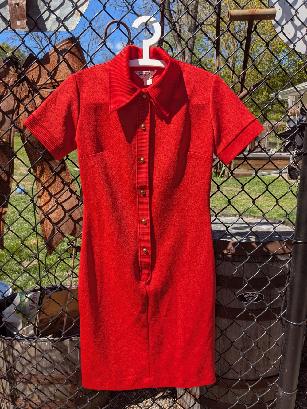 Vintage Red Short-Sleeve Button Front Women's Dress